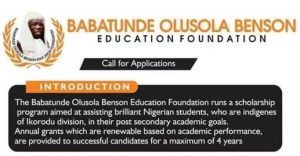 Read more about the article Babatunde Olusola Benson Education Foundation (BOBEF) Scholarship 2021/2022
